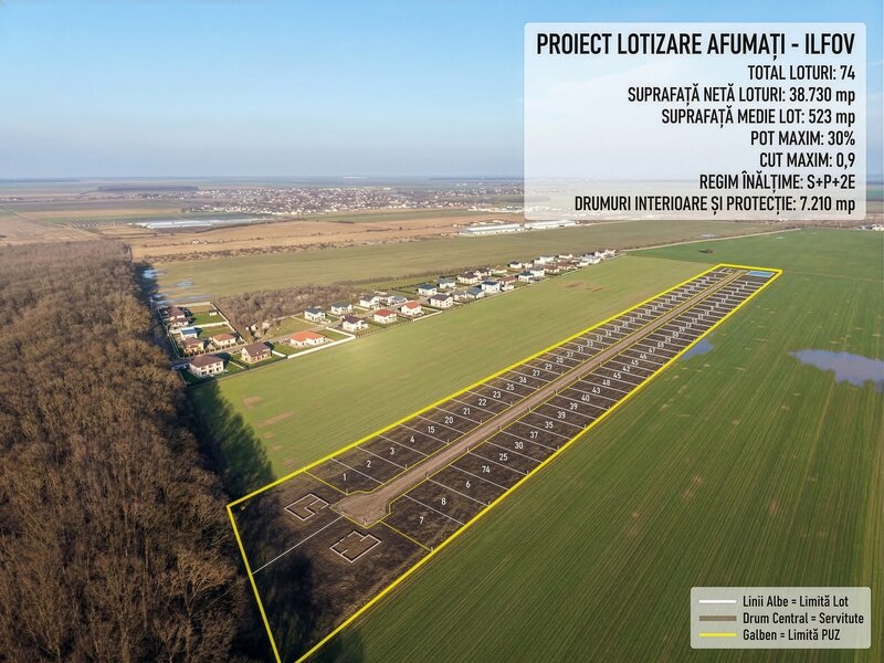 Ilfov Nord-Est Afumati, 74 Parcele de vanzare 46.200 mp, PUZ gata.